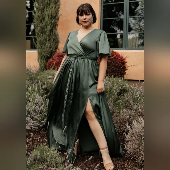 slim fit dress slacks BABARONI V-Neck Bishop Sleeves Chiffon Dress with Bow-Dusty Sage Plus size, Dusty Sage / US18